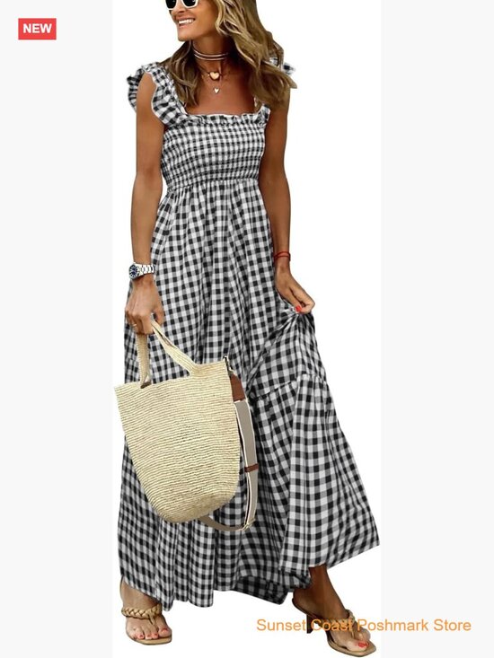 Dresses & Skirts - Retro Plaid Smocked Dress Spaghetti Strap Flounce Long Dress